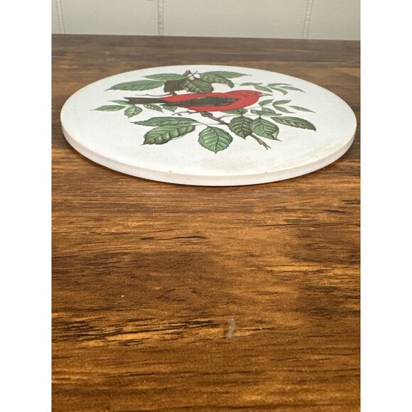 Hyalyn 1970s Scarlet Tanager Hanging Trivet with Cork Back 6" - Picture 3 of 5
